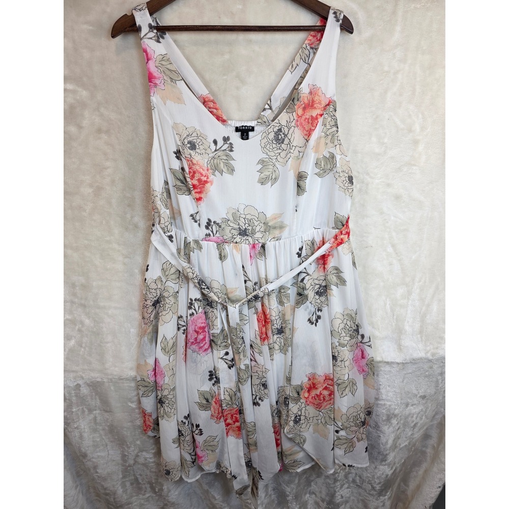 Torrid Floral V-Neck Mini Dress White Pink Orange Sleeveless Smocked Back Size 2